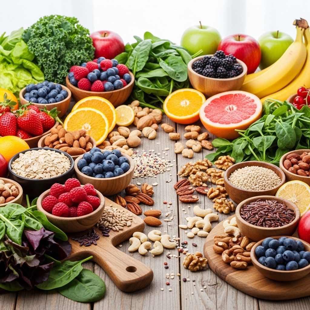 Colorful array of fresh fruits, leafy greens, nuts, and whole grains arranged on a wooden surface in natural daylight, representing a nutritionally balanced approach to eating